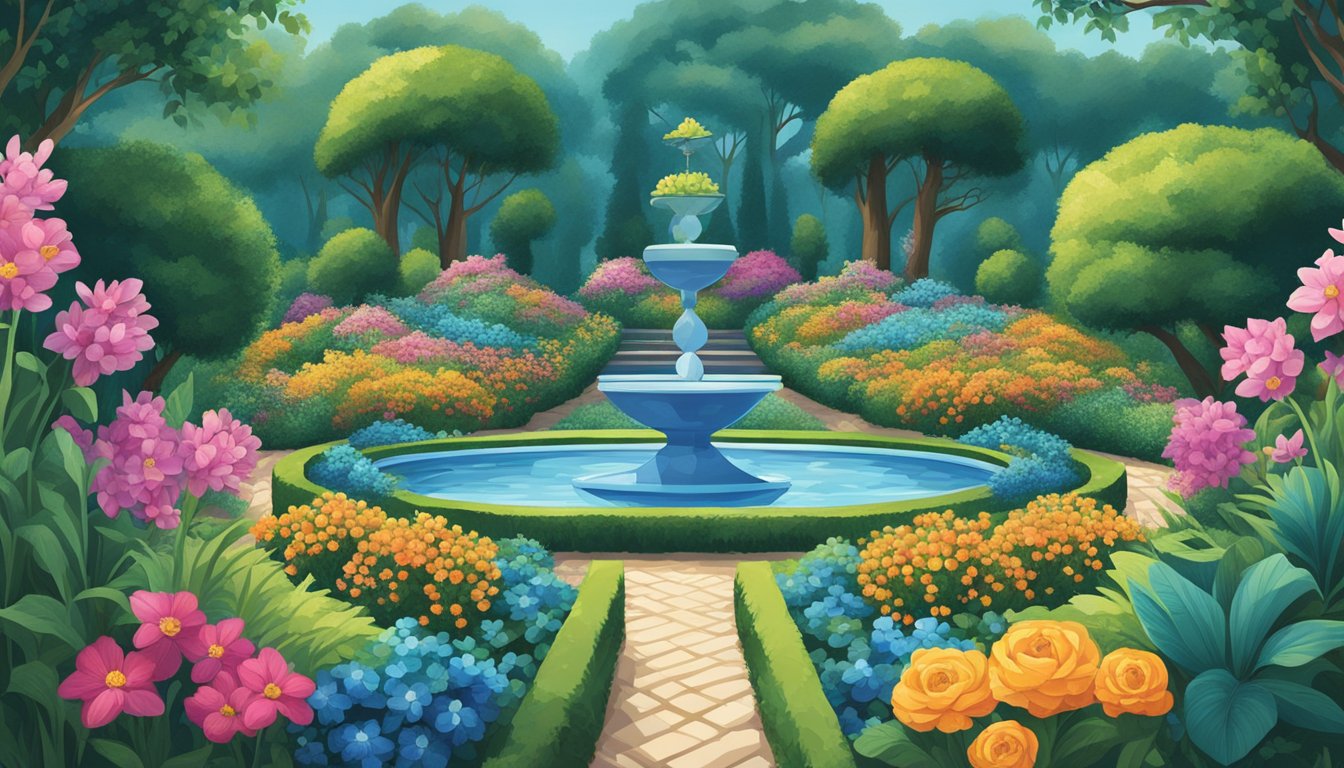 A lush garden with two distinct sections: one filled with conclusion planters in various shapes and sizes, the other adorned with vibrant blue diamond flowers