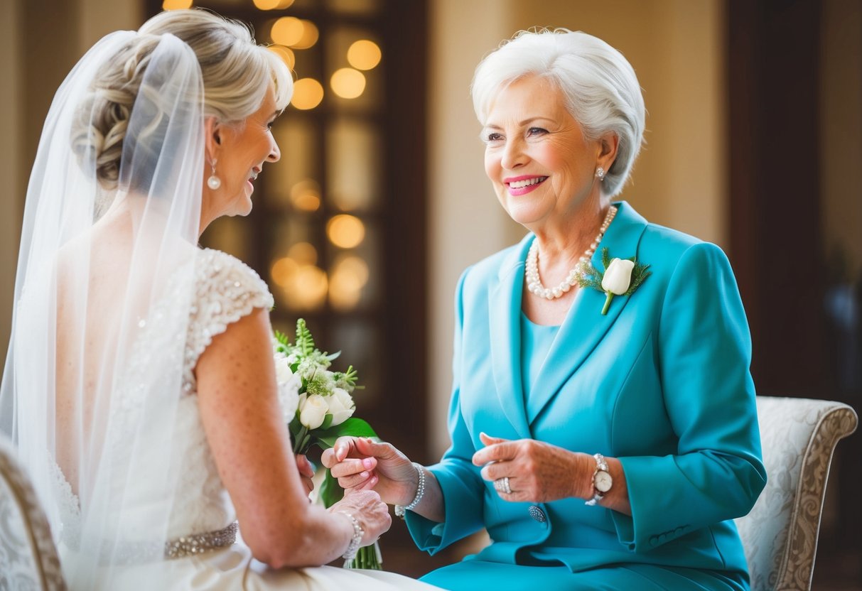 The mother of the bride sits next to a distinguished older woman with a warm smile, engaged in lively conversation