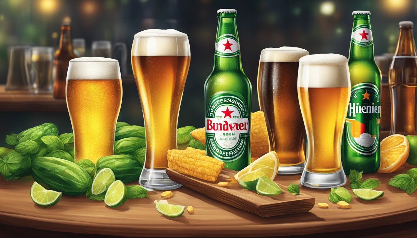 A table with two beer glasses, one filled with Heineken and the other with Budweiser. A variety of ingredients and aromas surround the glasses