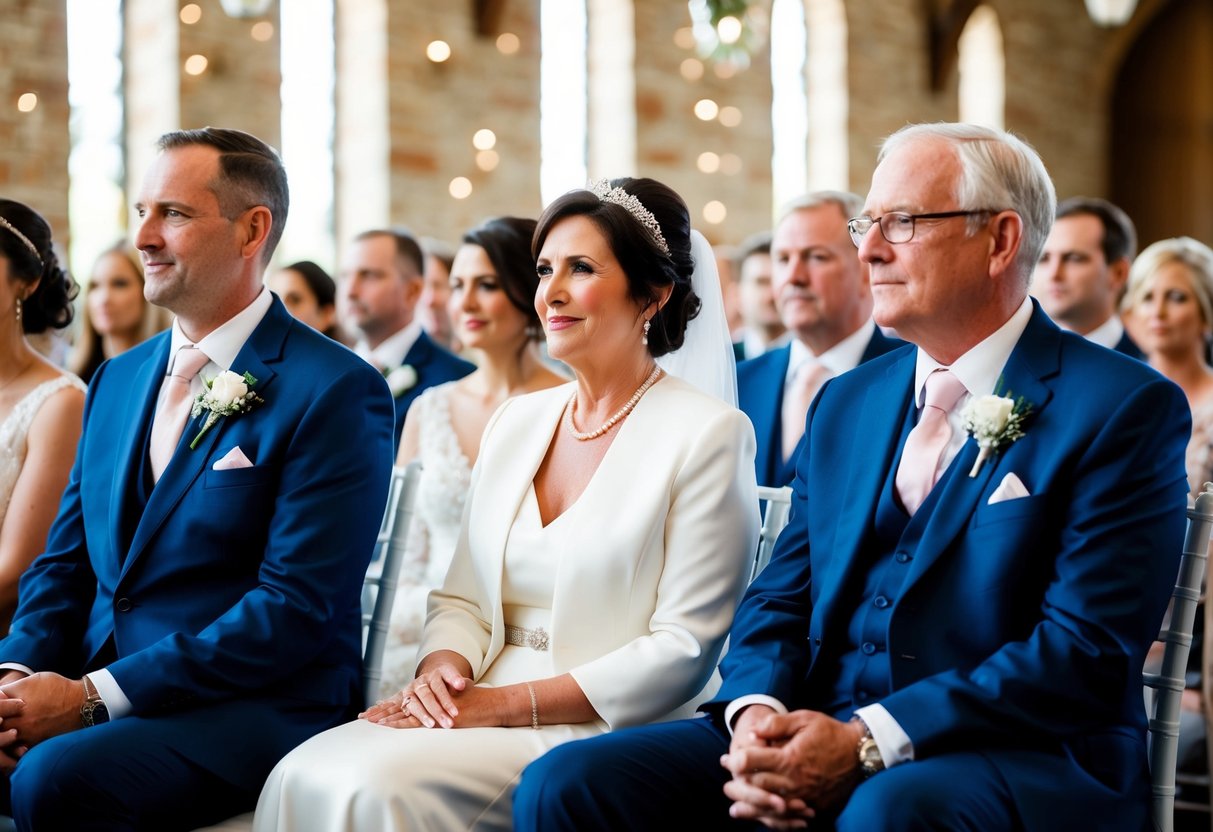 The mother of the bride sits next to the groom’s parents in the front row of the wedding ceremony seating