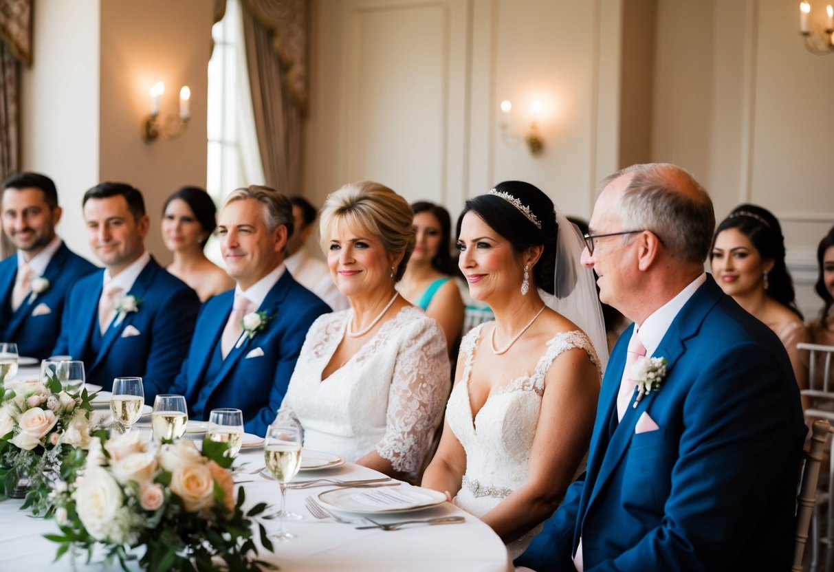 The mother of the bride sits next to the groom’s father at the wedding party table