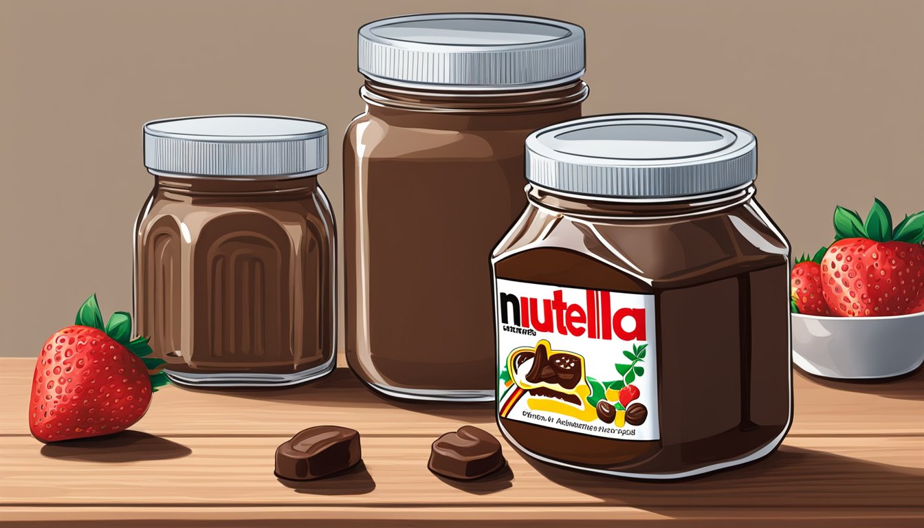 A jar of Nutella and a jar of Hershey's spread sit side by side on a wooden table, surrounded by fresh strawberries, bananas, and a loaf of bread