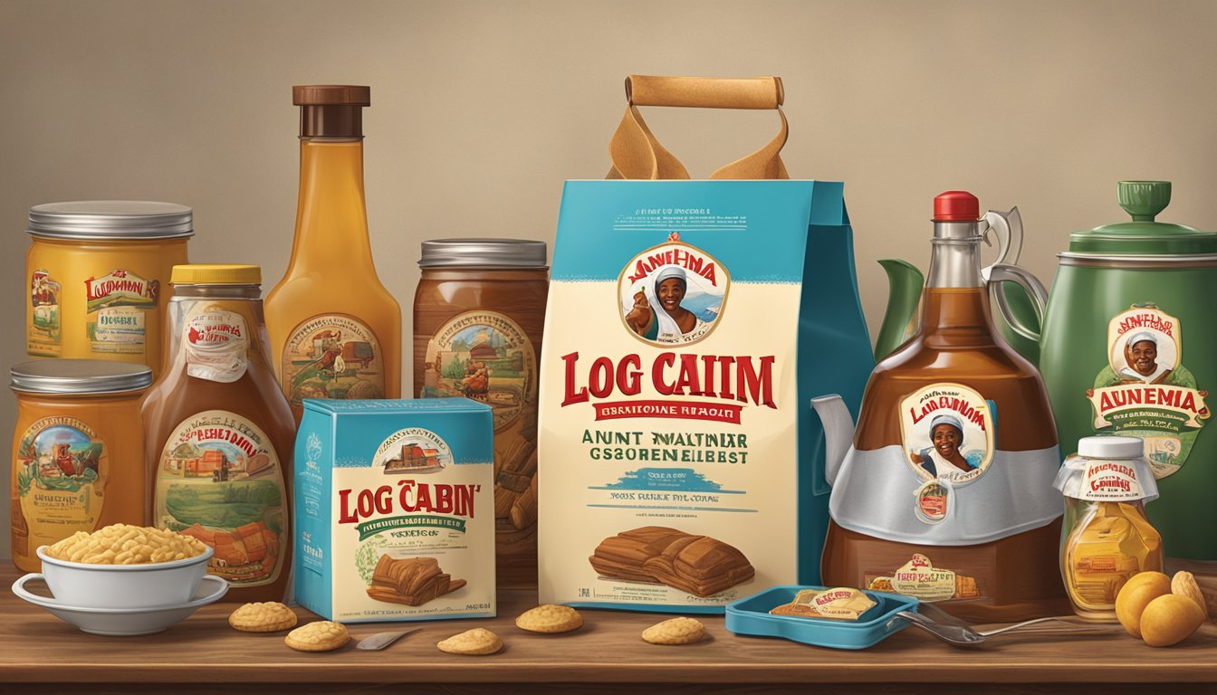 Aunt Jemima and Log Cabin logos facing each other on vintage product packaging, surrounded by nostalgic kitchen items