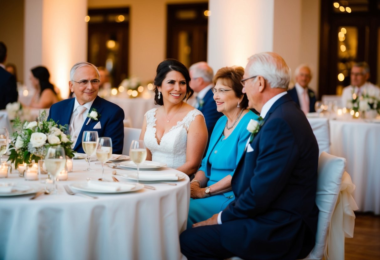 A table set for a wedding reception, with seating arrangements showing the mother of the bride sitting next to a respected elder or family member