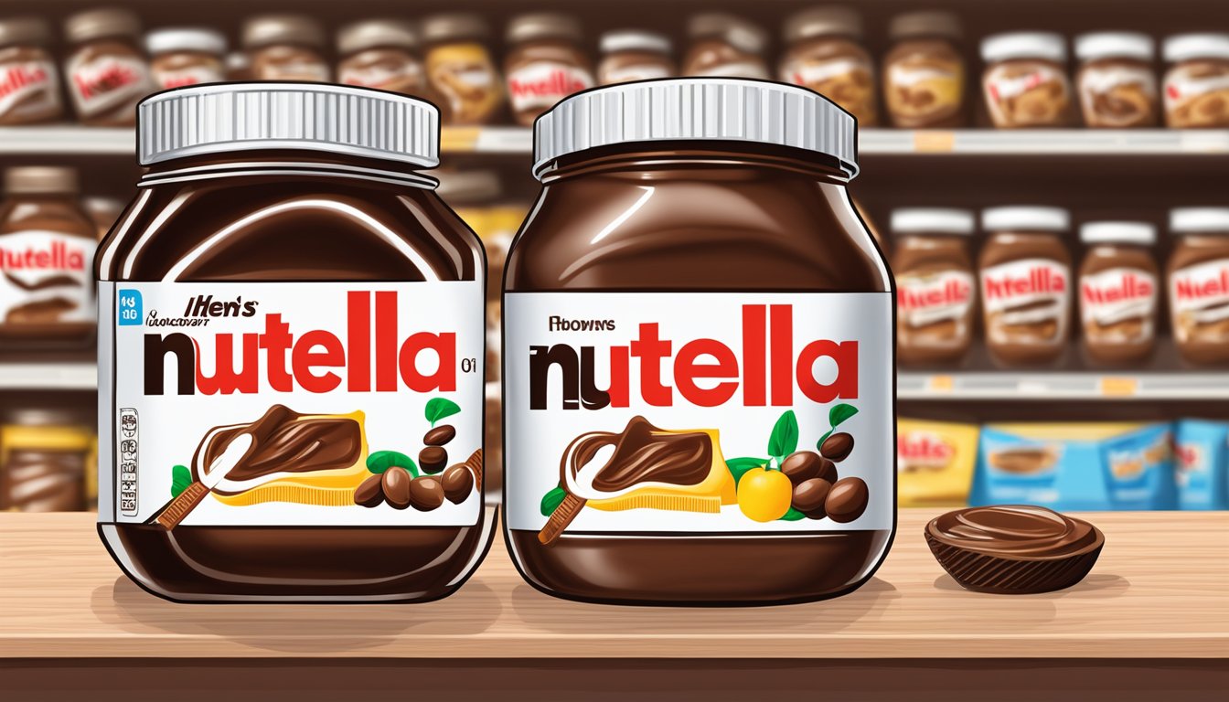 A jar of Nutella and a jar of Hershey's spread on a grocery store shelf