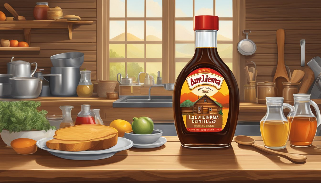 Aunt Jemima and Log Cabin syrup bottles on a wooden table with a backdrop of traditional kitchen items and ingredients