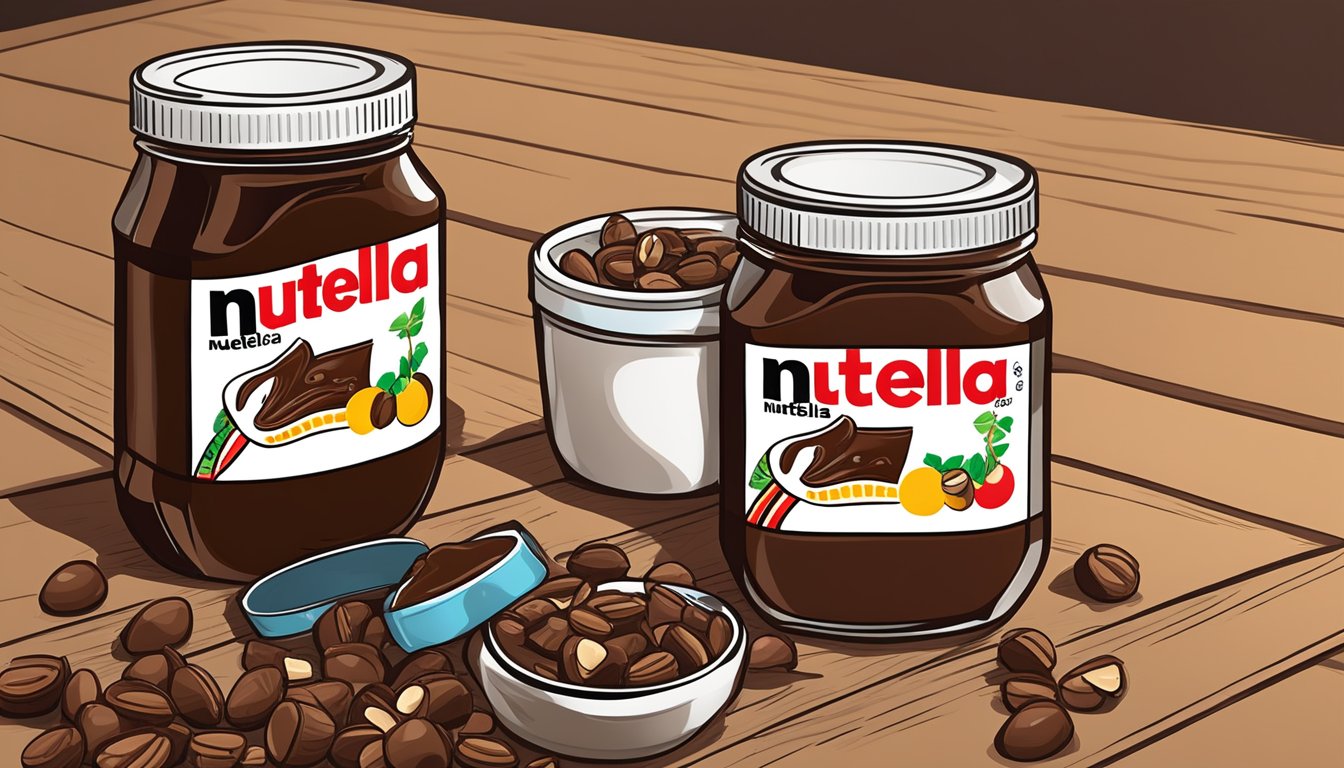 Two jars of Nutella and Hershey's spread sit side by side on a wooden table, surrounded by scattered nuts and chocolate pieces