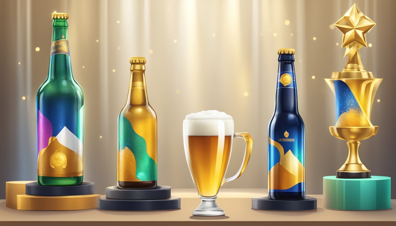 Two beer bottles stand side by side on a podium, surrounded by shining trophies and awards