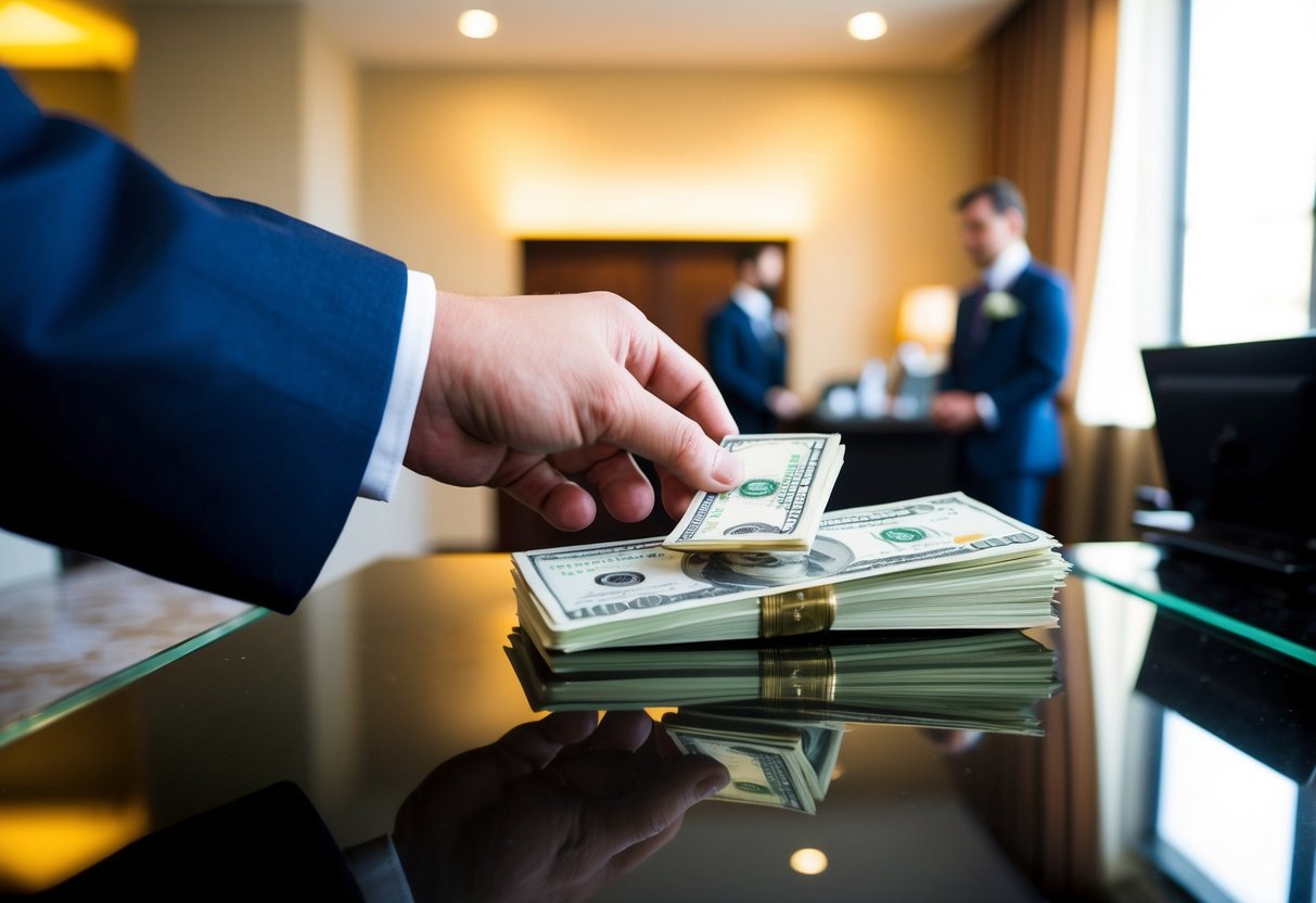 A groom's hand placing a stack of money on a hotel reception desk