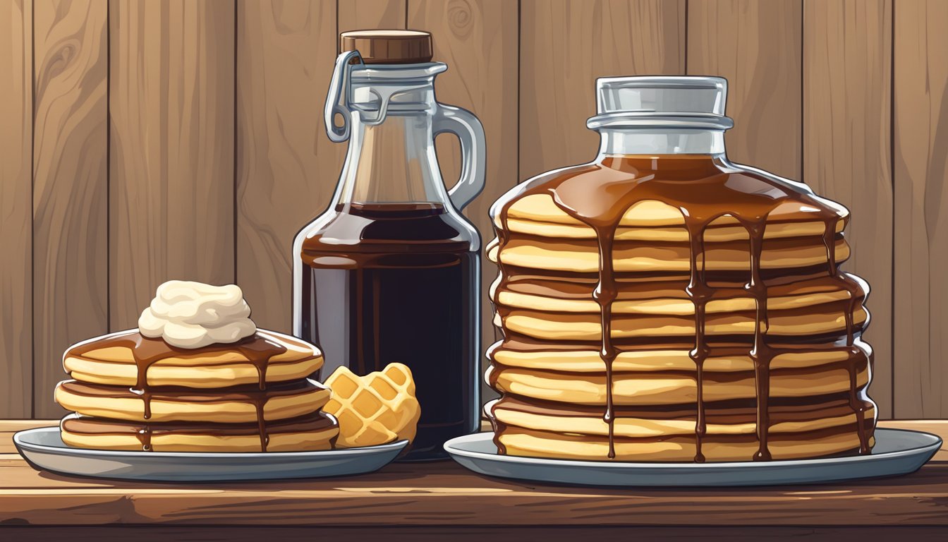 Two iconic syrup bottles stand side by side on a rustic wooden table, surrounded by stacks of fluffy pancakes and drizzled with syrup