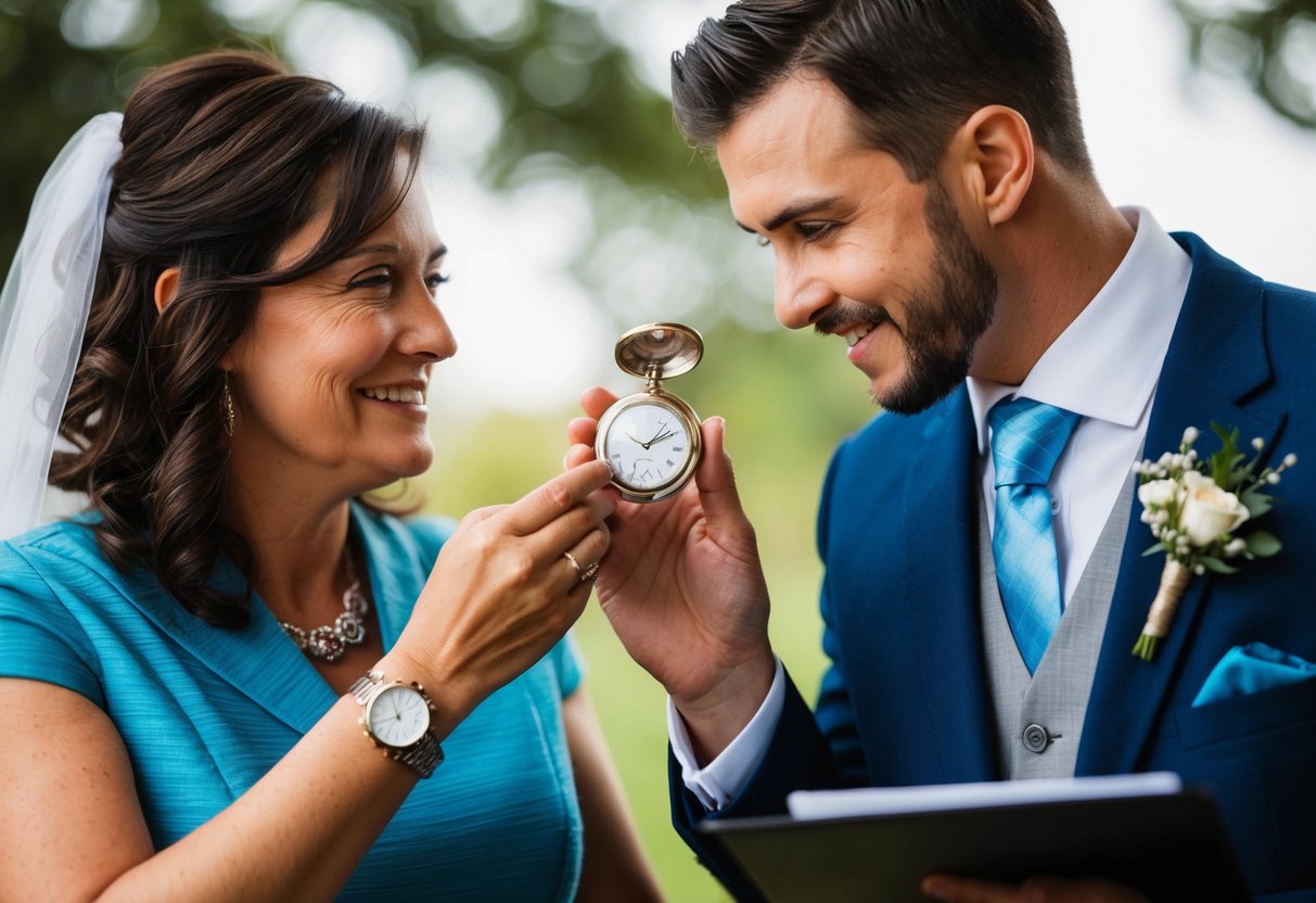 A mother presents her son with a polished pocket watch and a handwritten note on his wedding day
