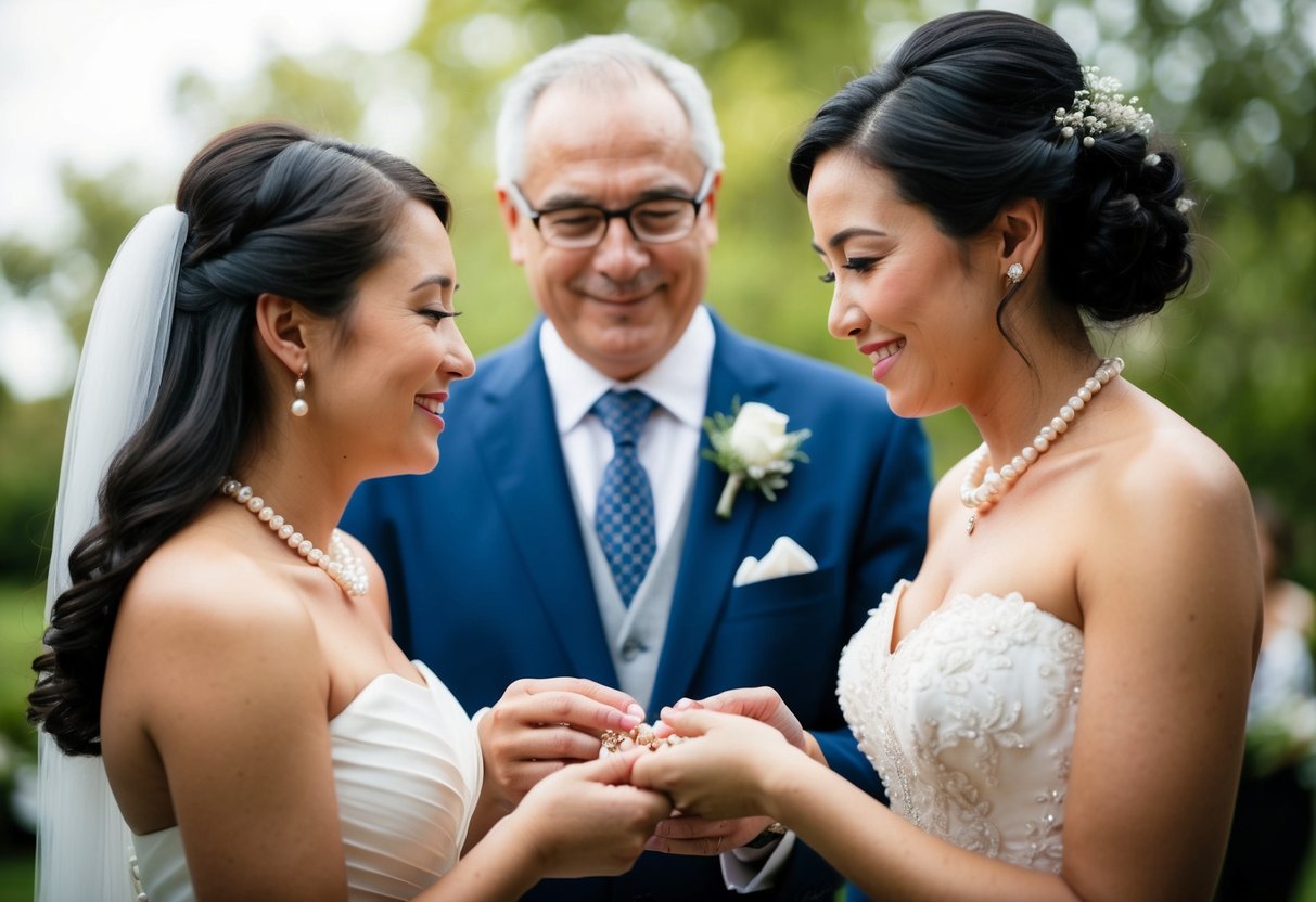 A father presents a delicate pearl necklace to his daughter on her wedding day, symbolizing love and the passing of family tradition