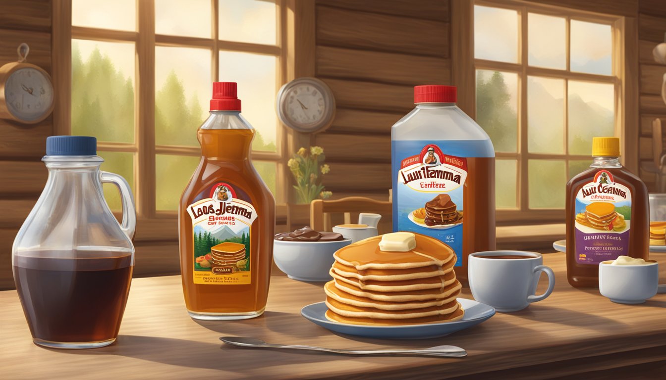 Aunt Jemima and Log Cabin syrup bottles facing off on a breakfast table with pancakes and waffles