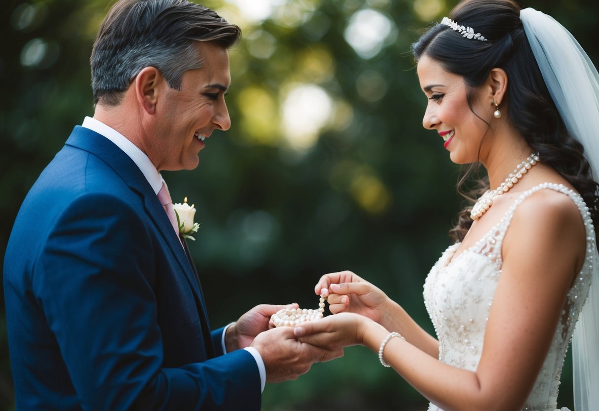 A father presents his daughter with a delicate pearl necklace, a symbol of purity and elegance, as she prepares to embark on her new journey