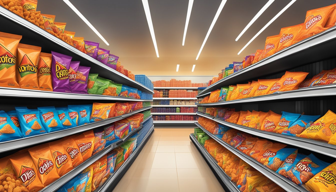 A colorful display of Doritos and Cheetos bags on a grocery store shelf, with the iconic logos and branding prominently featured