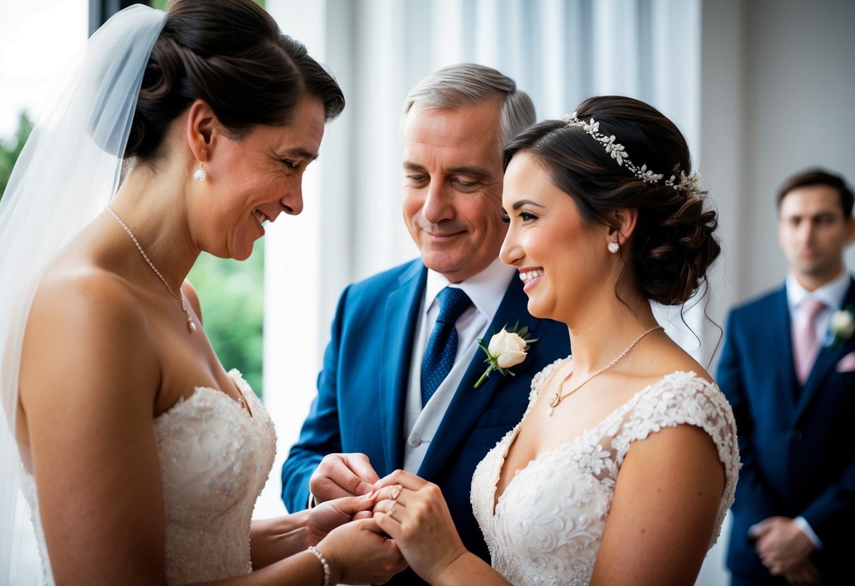 A father presenting a delicate necklace to his daughter on her wedding day