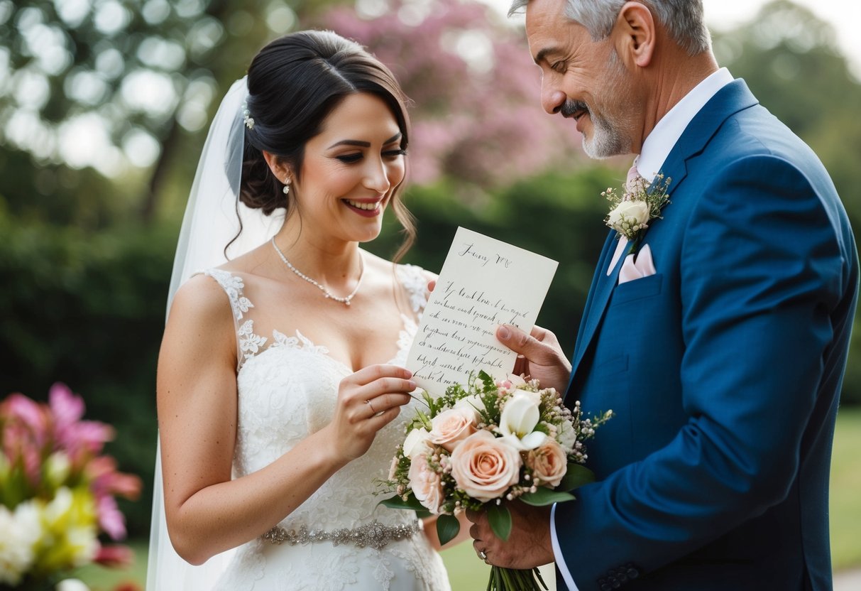 A father presents his daughter with a delicate necklace, a handwritten letter, and a bouquet of her favorite flowers on her wedding day