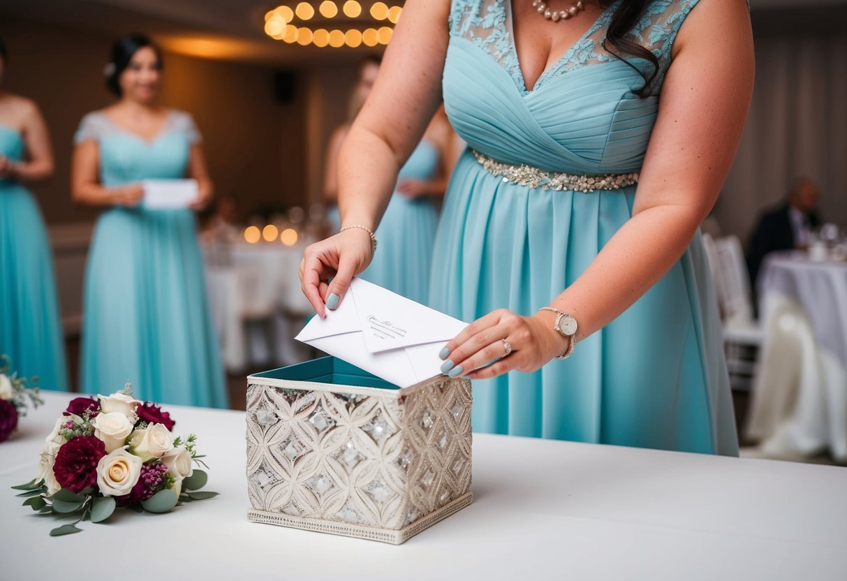A bridesmaid placing an envelope into a decorative box at a wedding reception