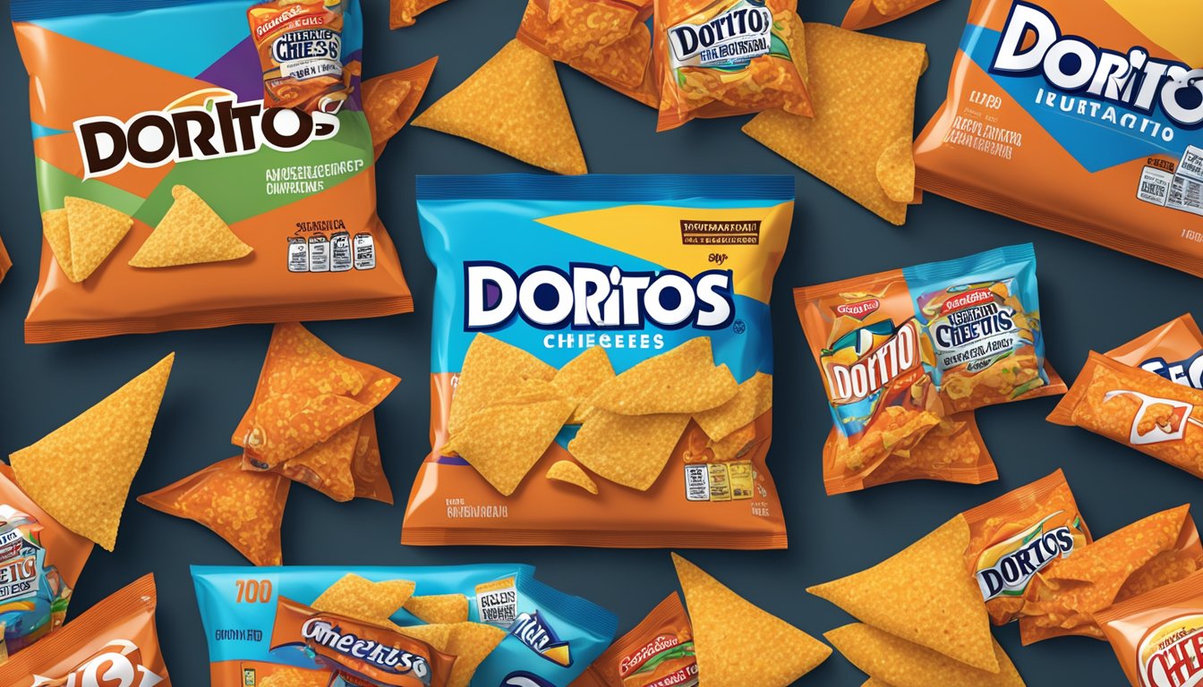 A table with open bags of Doritos and Cheetos, surrounded by scattered chips and nutrition labels