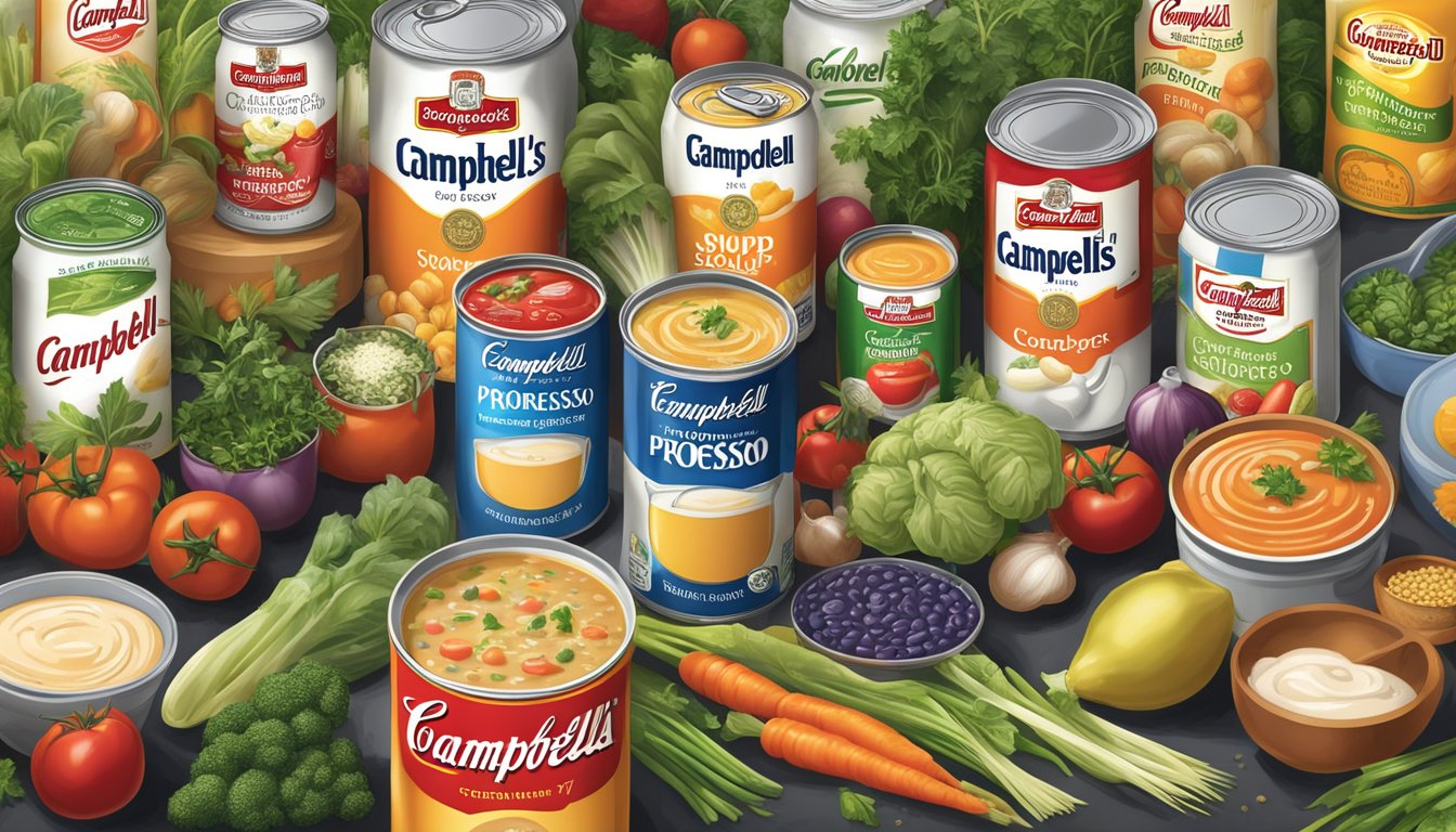 A table displays cans of Campbell's and Progresso soup, surrounded by various fresh ingredients like vegetables and herbs