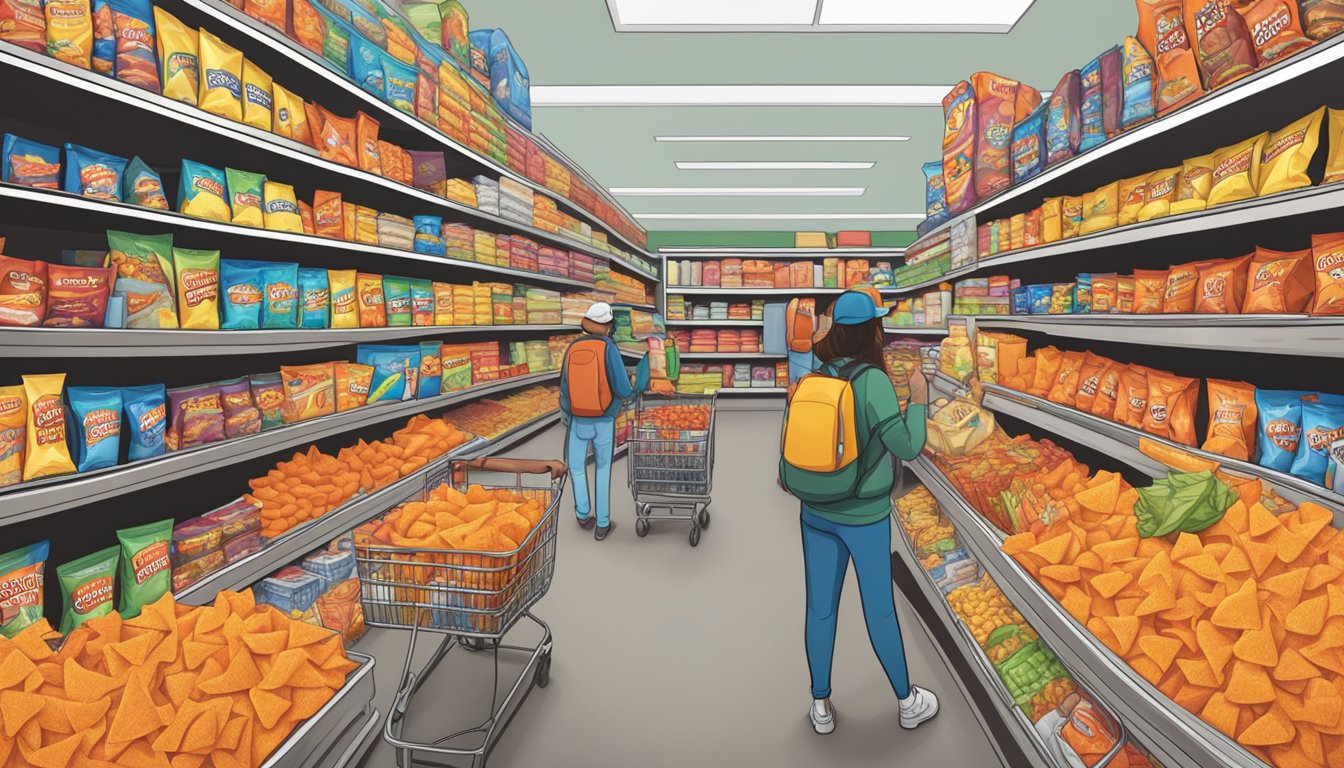 A crowded snack aisle with colorful Doritos and Cheetos bags, surrounded by diverse consumers