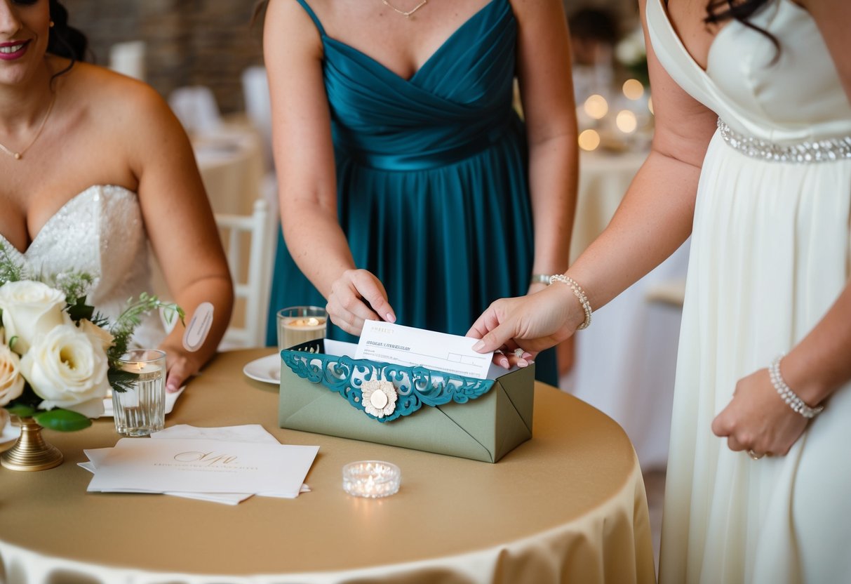 A bridesmaid placing a check or cash into a decorative envelope at a wedding gift table