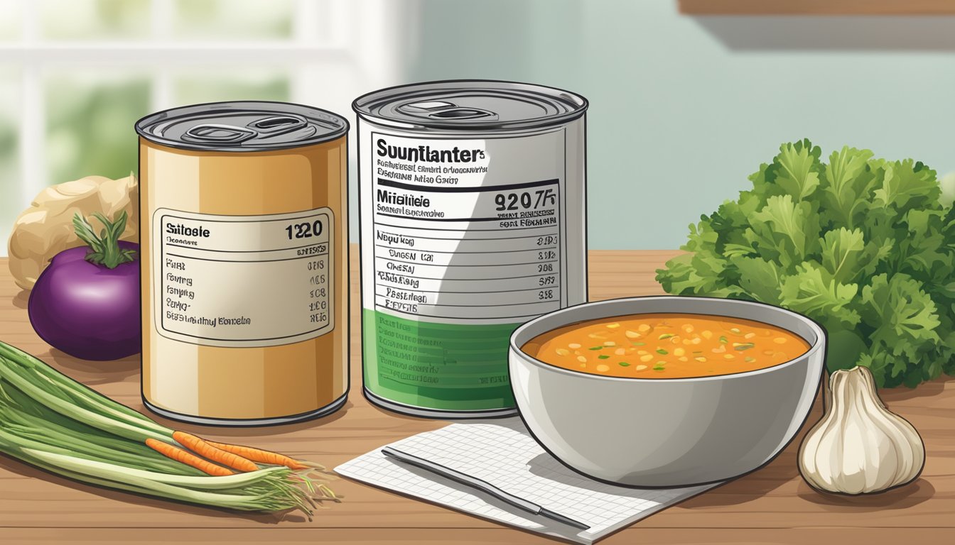 Two cans of soup sit side by side on a wooden table, surrounded by scattered vegetables and a nutrition label. A calculator and notebook are nearby