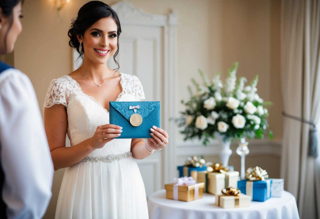 A bridesmaid holding a decorative envelope with a monetary gift inside, standing in front of a beautifully decorated wedding gift table