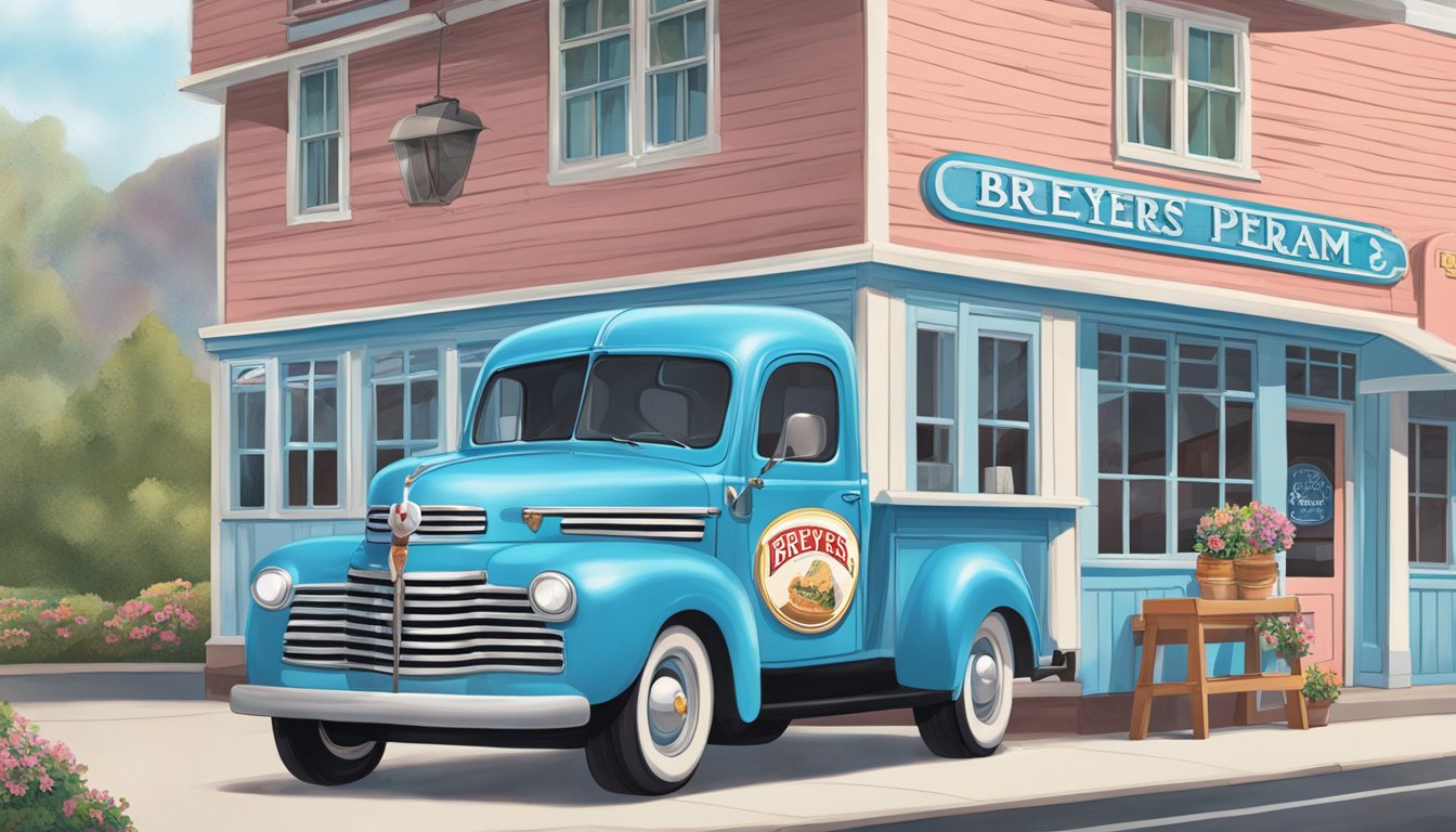 A vintage Breyers ice cream parlor with classic signage and a Blue Bunny truck parked outside