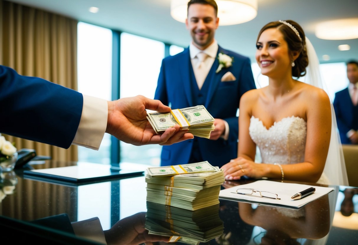 A groom's hand places a stack of cash on a hotel reception desk as the bride looks on, smiling