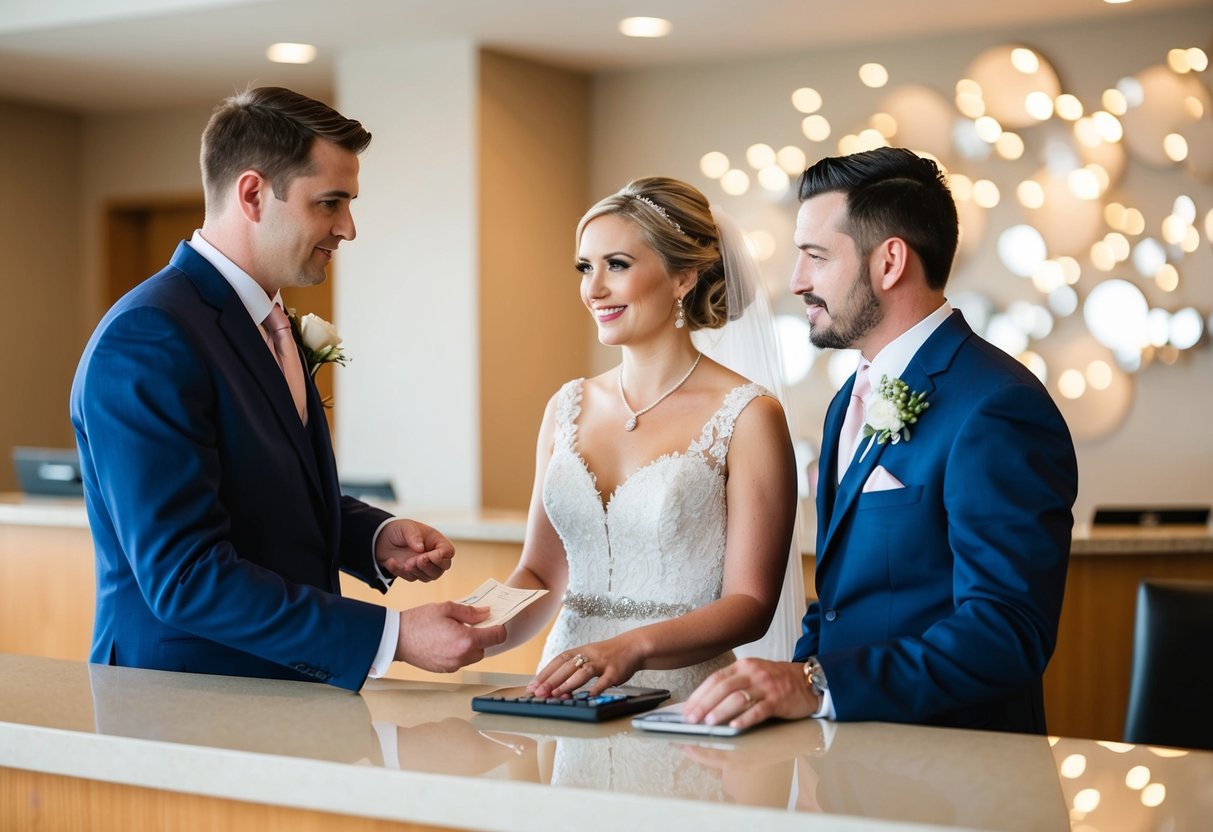 A bride and groom standing at a reception desk, discussing payment for the wedding night accommodations with a hotel clerk