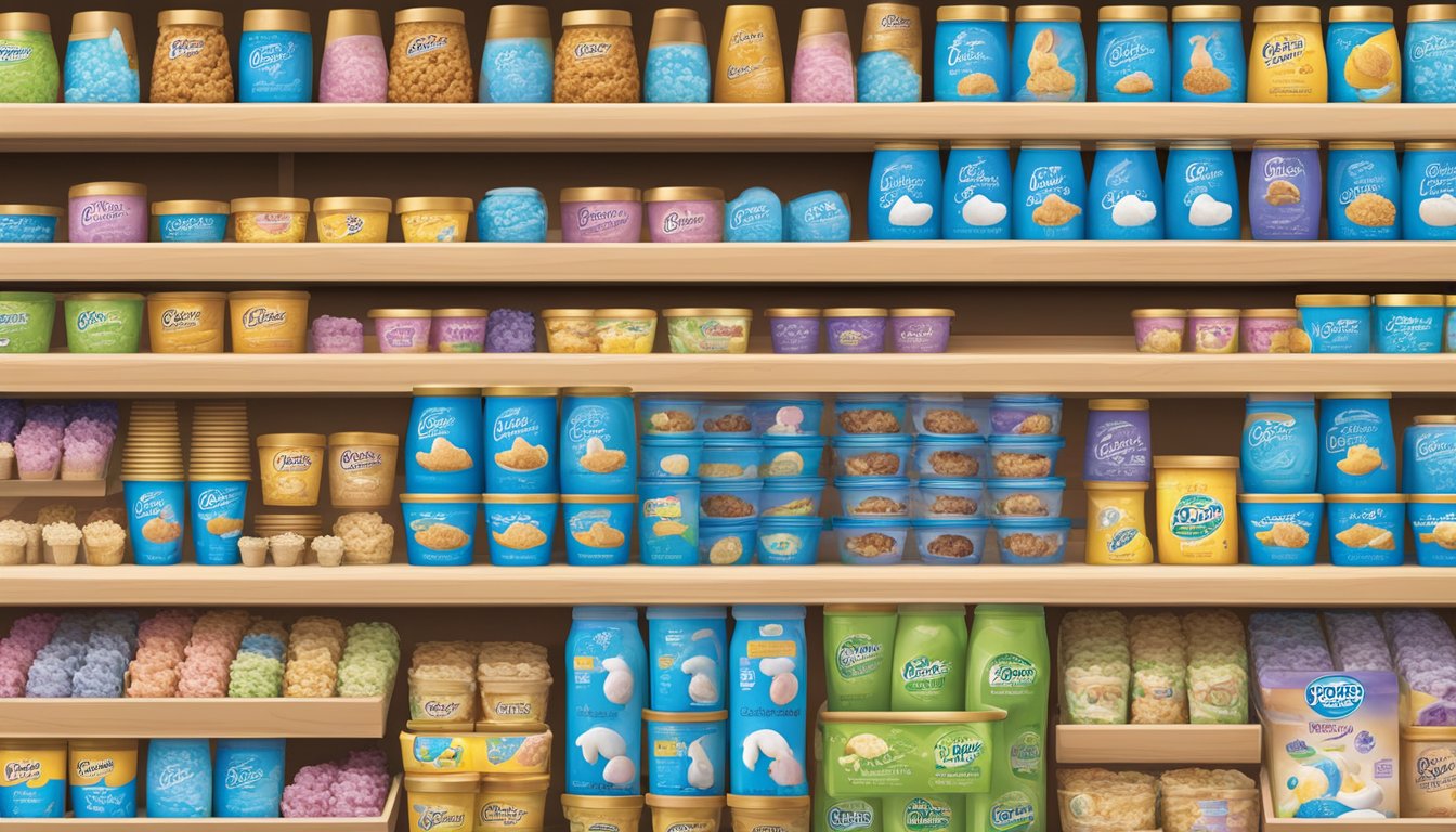 A colorful display of Breyers and Blue Bunny ice cream containers on a supermarket shelf. Each brand's various flavors and packaging are neatly arranged