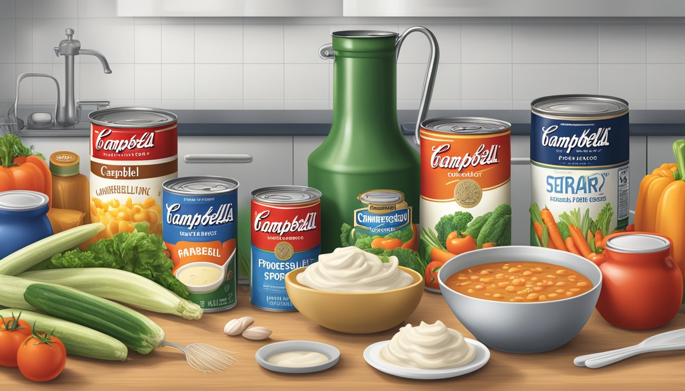 A kitchen counter with open cans of Campbell's and Progresso soup, surrounded by fresh vegetables and cooking utensils