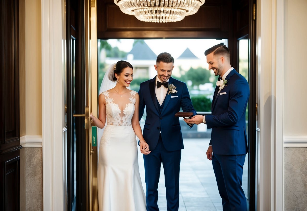 A newlywed couple standing at the entrance of a luxurious hotel, with the groom reaching for his wallet to pay for the wedding night stay