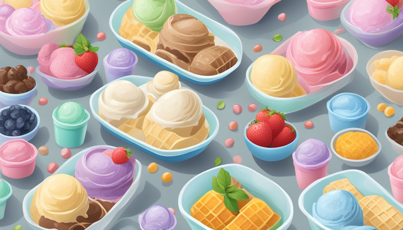 A table with two tubs of ice cream, surrounded by scattered ingredients and nutritional labels