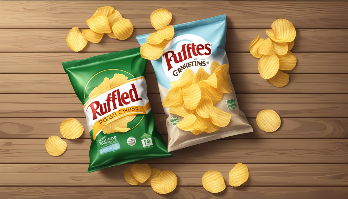 A bag of potato chips lays flat next to a bag of ruffled potato chips on a wooden table