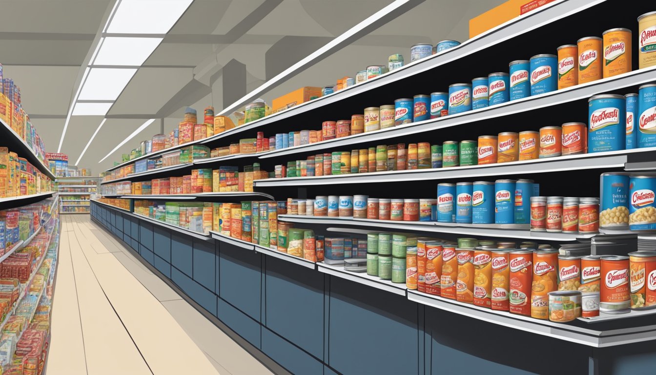 A bustling market with shelves stocked with Campbell's and Progresso soup cans, easily accessible to customers