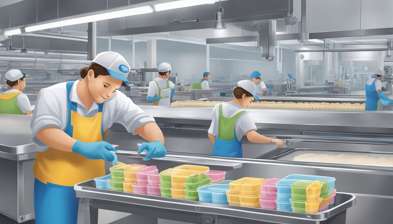 A production line with breyers and blue bunny ice cream containers being filled and labeled, while workers inspect and test the quality of the products