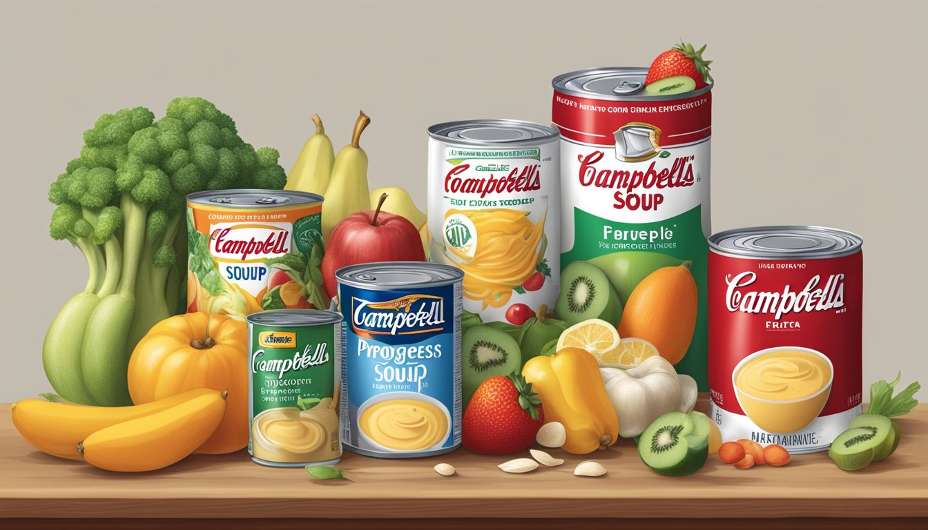 A table with cans of Campbell's and Progresso soup, surrounded by fruits, vegetables, and a measuring tape