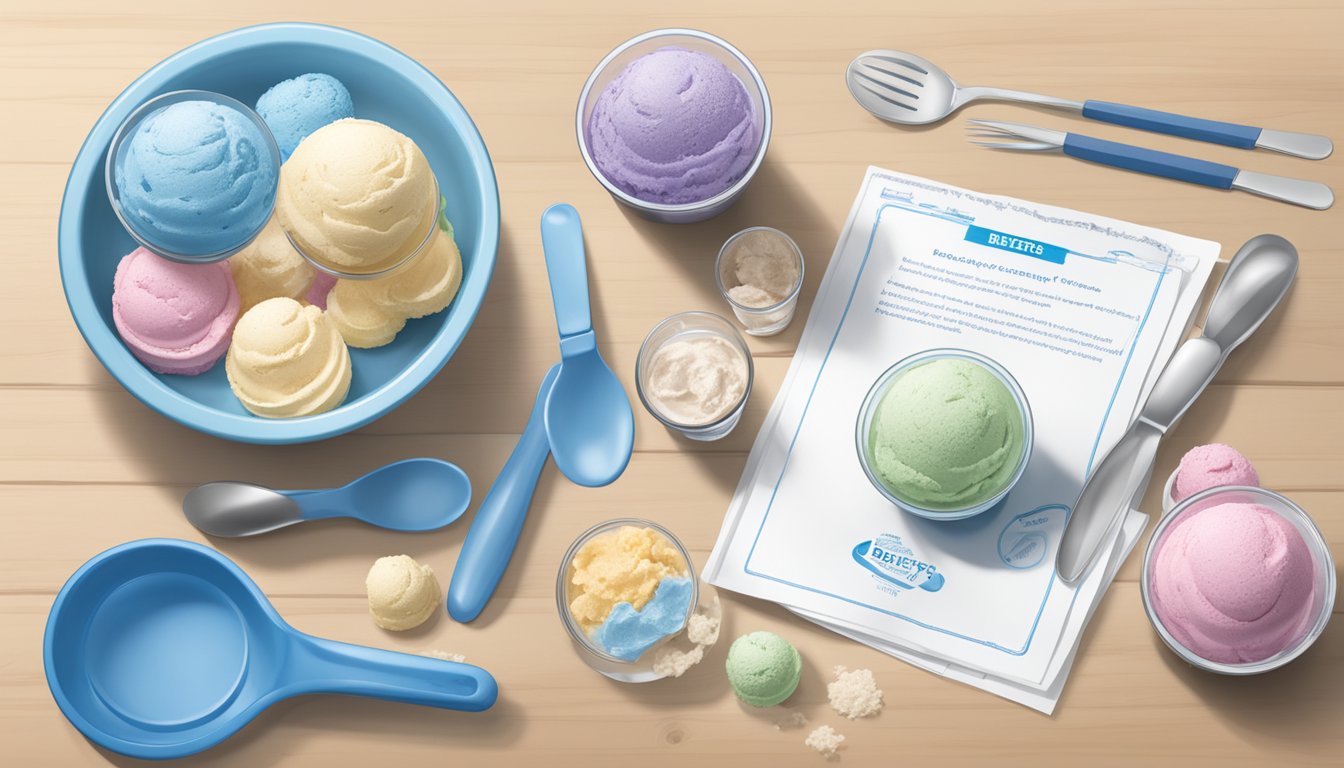 A table with various ice cream samples, labeled "Breyers" and "Blue Bunny," alongside sensory evaluation sheets and utensils for texture analysis