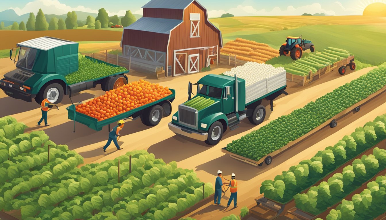 A sustainable farm with workers harvesting vegetables under a sunny sky, while a company logo is prominently displayed on a nearby truck