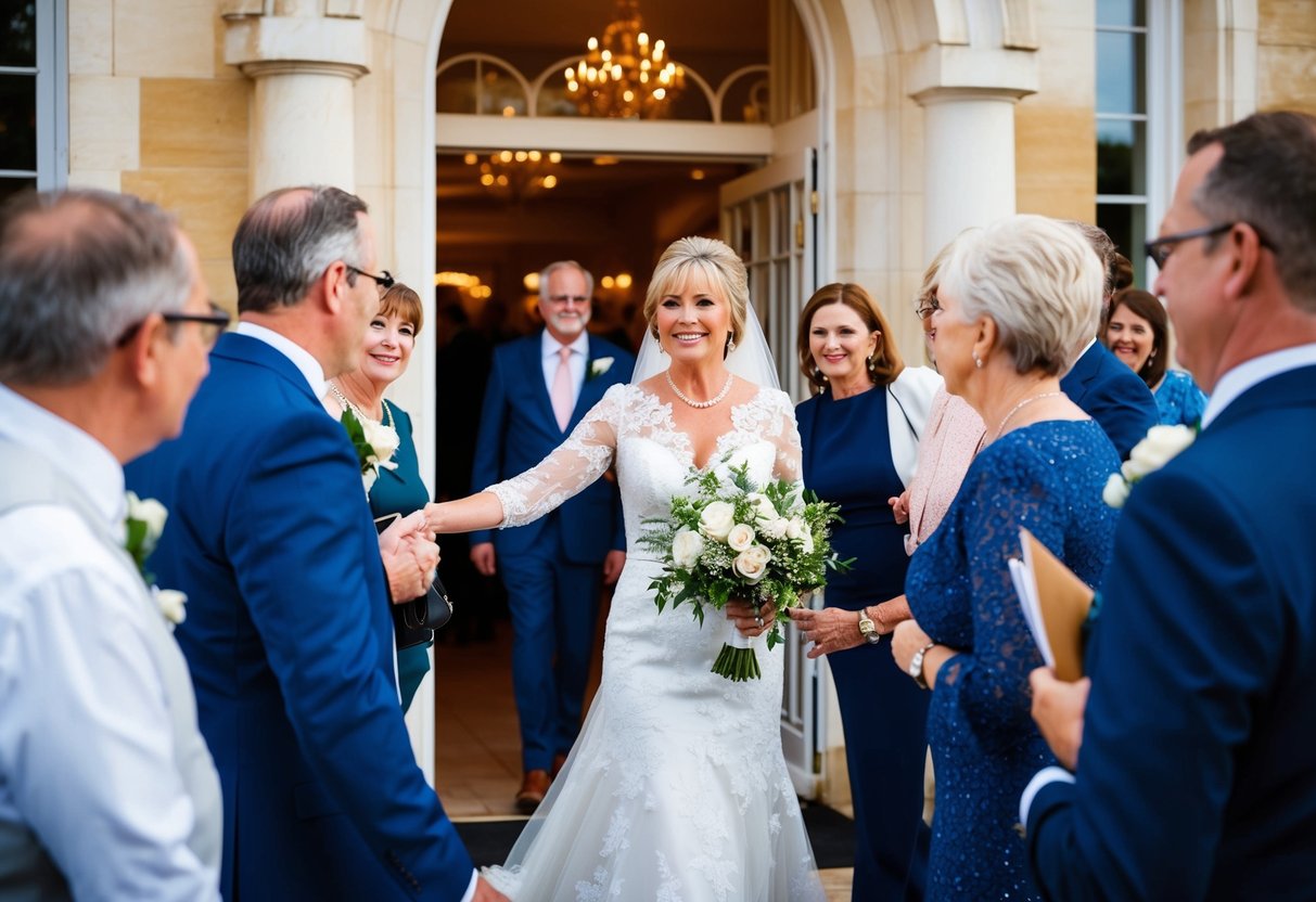 The mother of the bride warmly welcomes arriving guests at the entrance of the wedding venue