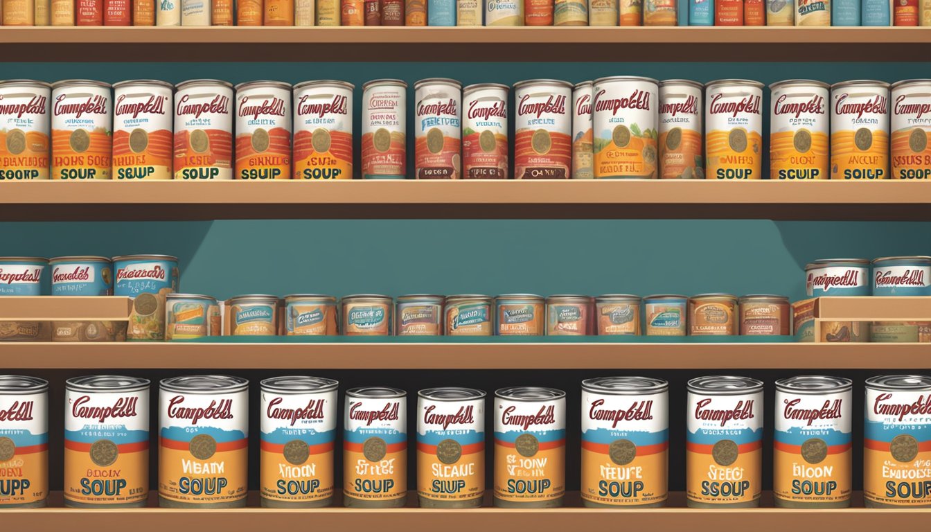 A shelf with rows of Campbell's and Progresso soup cans, surrounded by warm, inviting kitchen decor