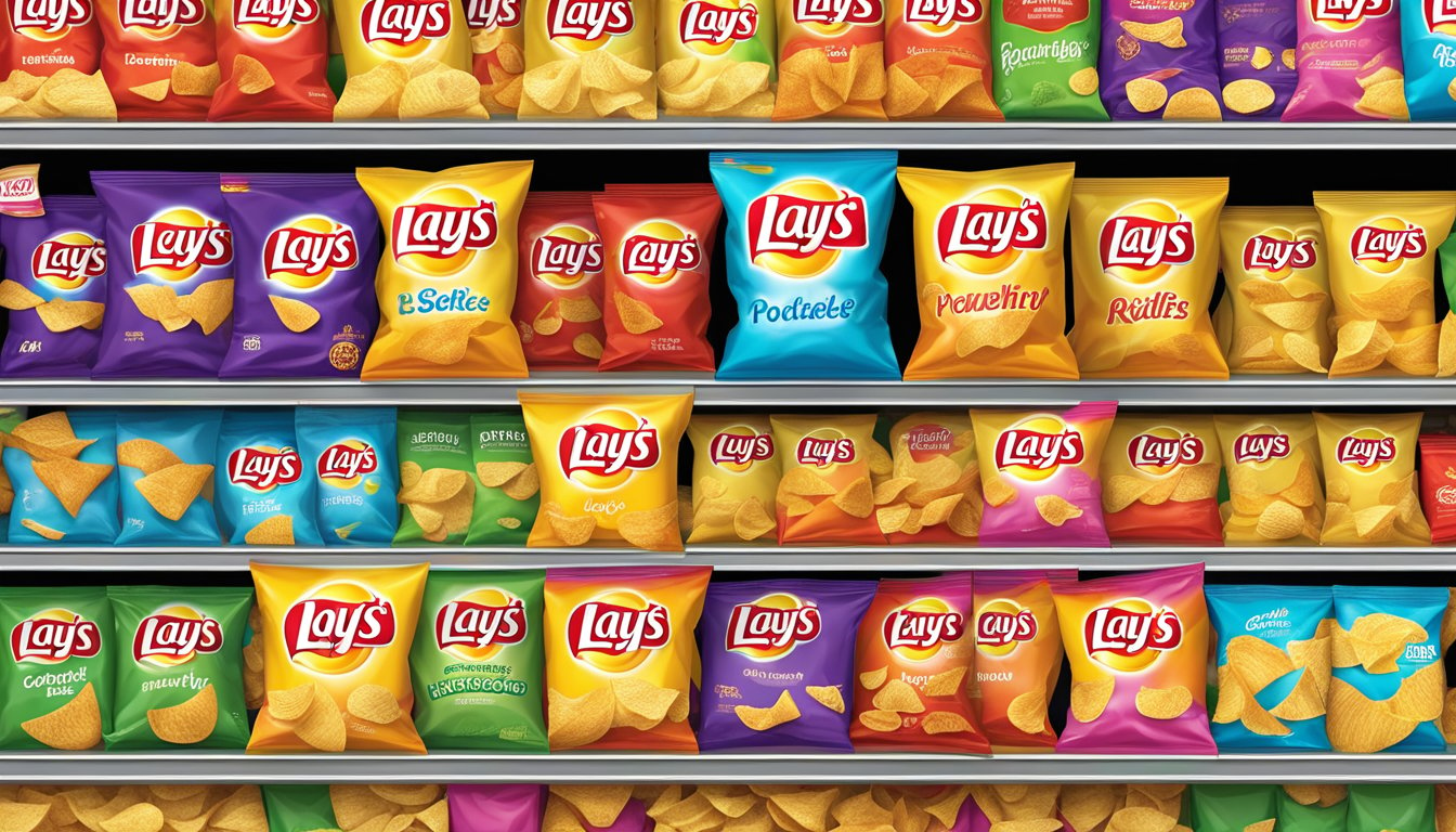 A colorful display of Lay's and Ruffles potato chip bags on a supermarket shelf, with various flavors and sizes arranged neatly