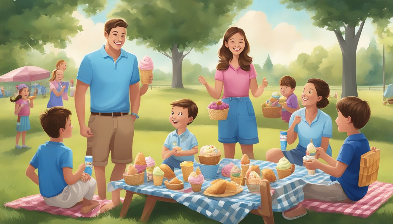 A family picnic with two ice cream cartons, one Breyers and one Blue Bunny, surrounded by happy consumers