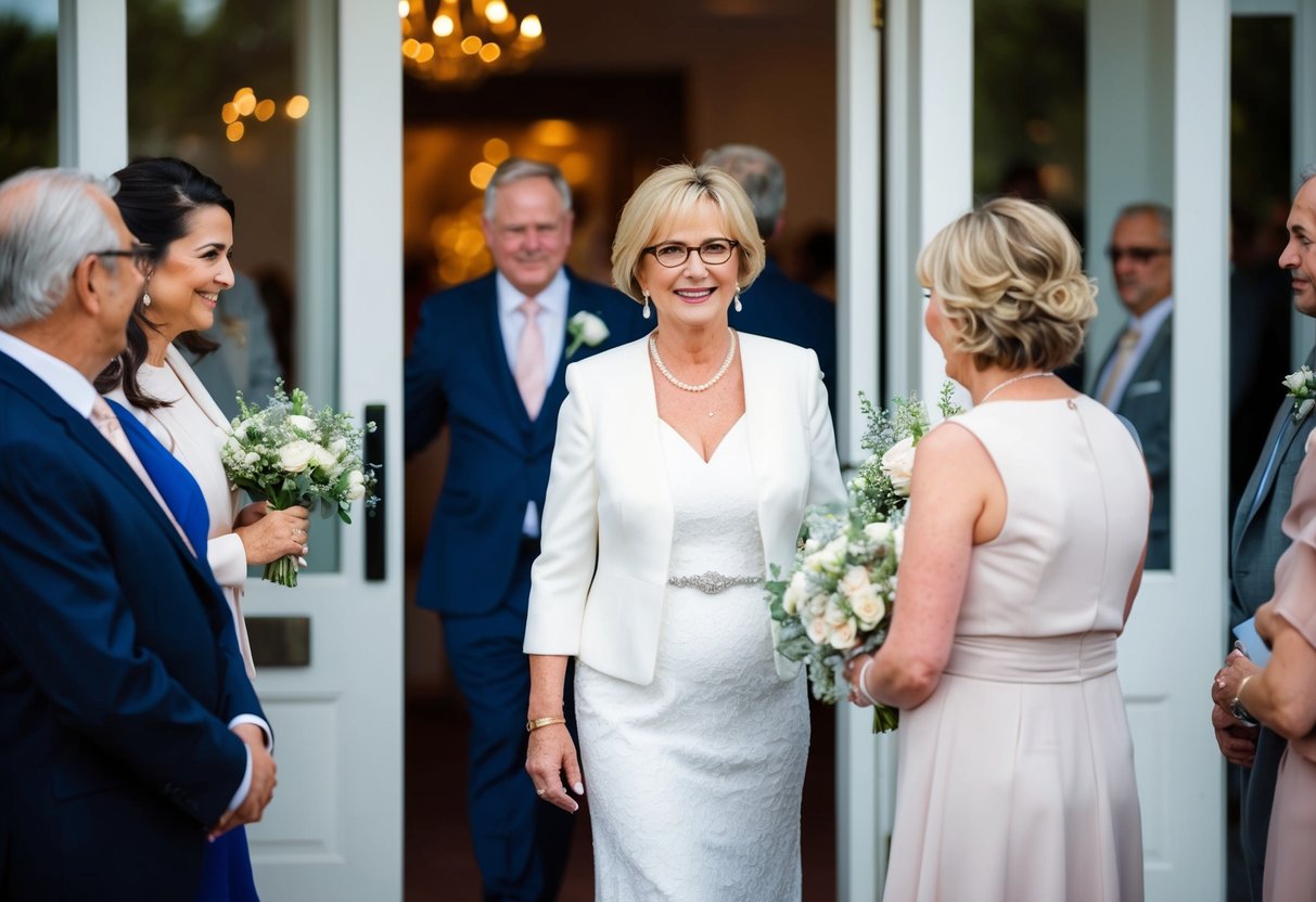 The mother of the bride stands at the entrance, welcoming and greeting guests as they arrive at the wedding venue
