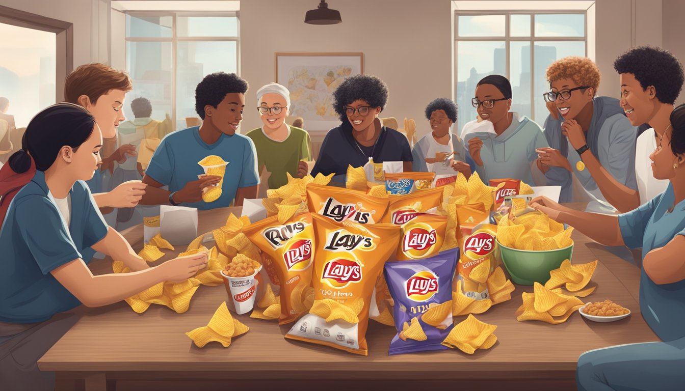 A table with bags of Lay's and Ruffles chips, surrounded by people tasting and comparing