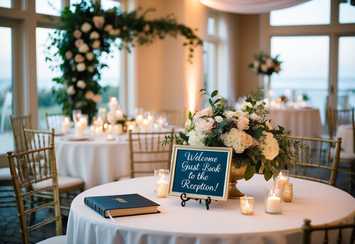 The wedding venue is adorned with flowers and candles. A table is set with a guest book and a sign welcoming guests to the reception