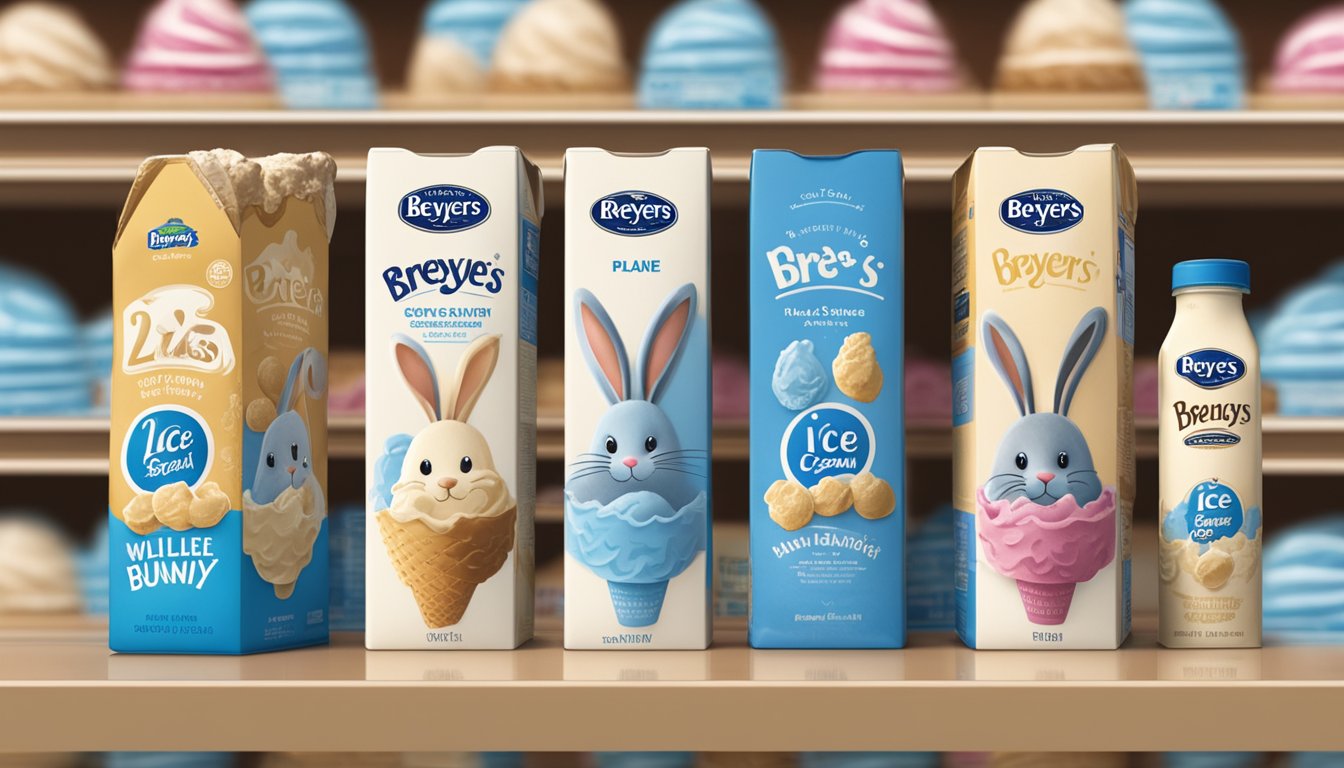 Two ice cream cartons sit side by side on a grocery store shelf, with the Breyers and Blue Bunny logos prominently displayed