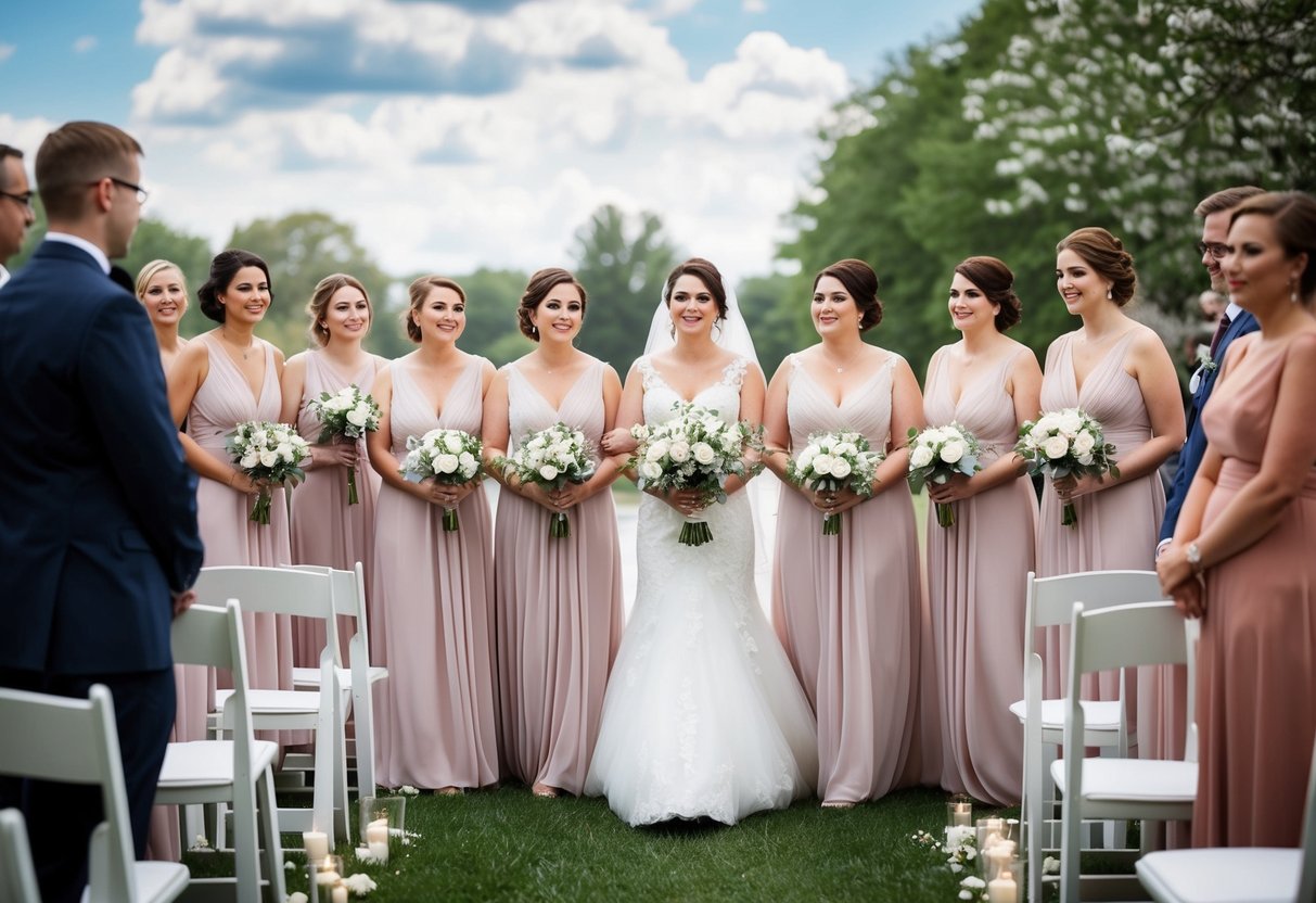 A bride and her bridesmaids stand on the left side of the aisle at a wedding ceremony